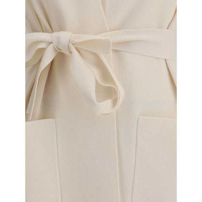 Max Mara Cream Viscose Coat with knotted sash and front welt pockets for elegant and modern style.