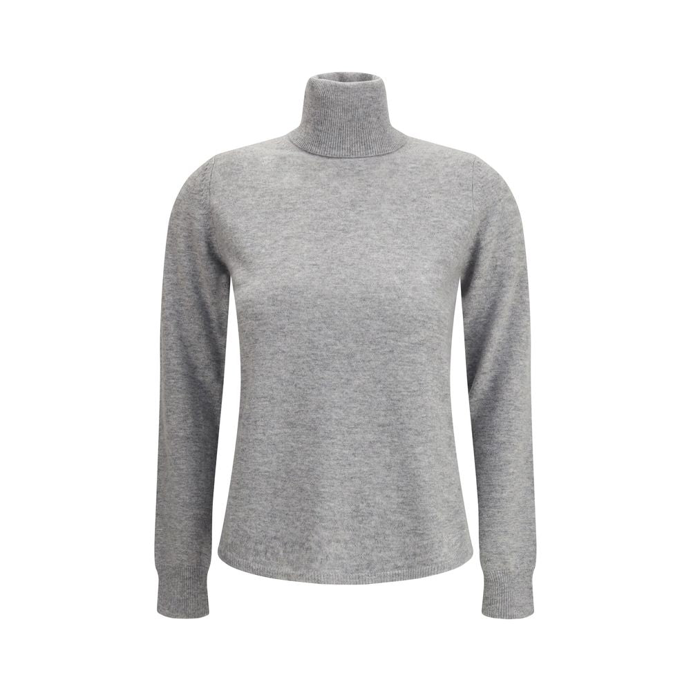 Max Mara Gray Wool Turtleneck featuring ribbed fold-over neck, long sleeves, ribbed cuffs and hem; elegant wool and cashmere blend.