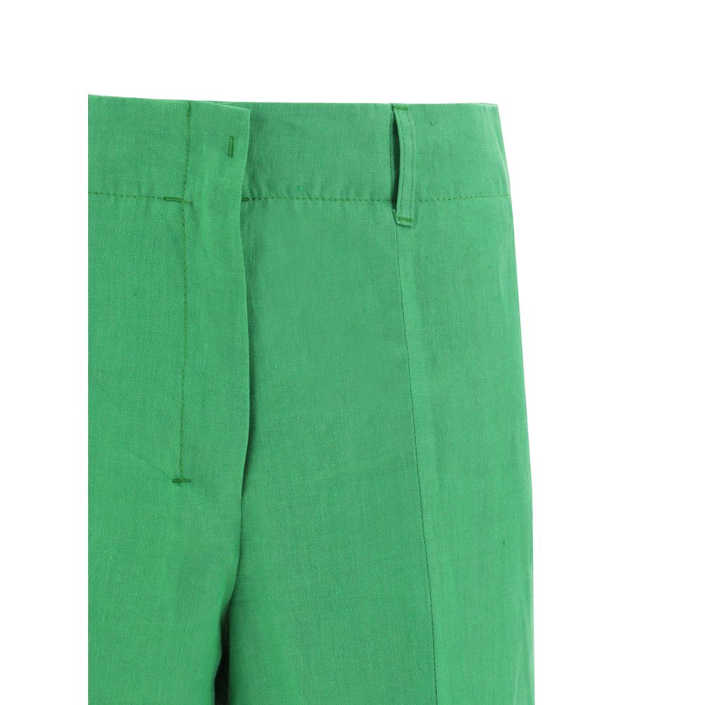 Max Mara Green Linen Casual Pants with front hook and zip, side and welt pockets, elegant summer style - 100% linen, SS23 collection