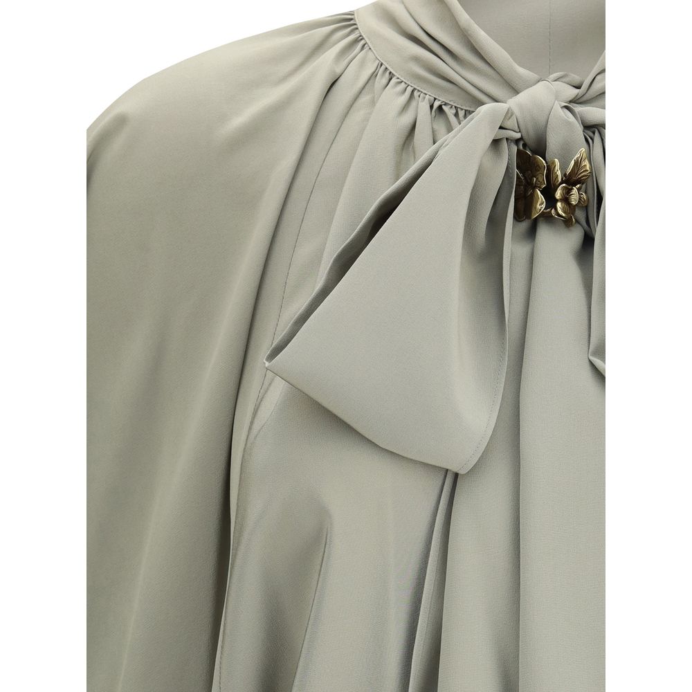 Max Mara Green Silk Blouse with bow-tie scarf collar and metal jewel loop