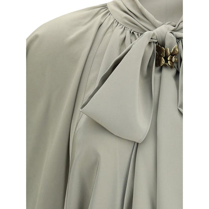 Max Mara Green Silk Blouse with bow-tie scarf collar and metal jewel loop