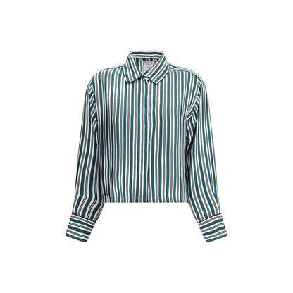 Max Mara Green Silk Pattern Shirt with classic collar and striped design. Elegant concealed button closure, long sleeves, and cuffs.