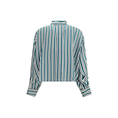 Back view of Max Mara Green Silk Pattern Shirt with striped design, showing long sleeves and elegant details, perfect for a sophisticated style.