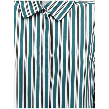 Max Mara Green Silk Pattern Shirt with striped fabric and classic pointed collar, featuring concealed button closure for sophisticated style.