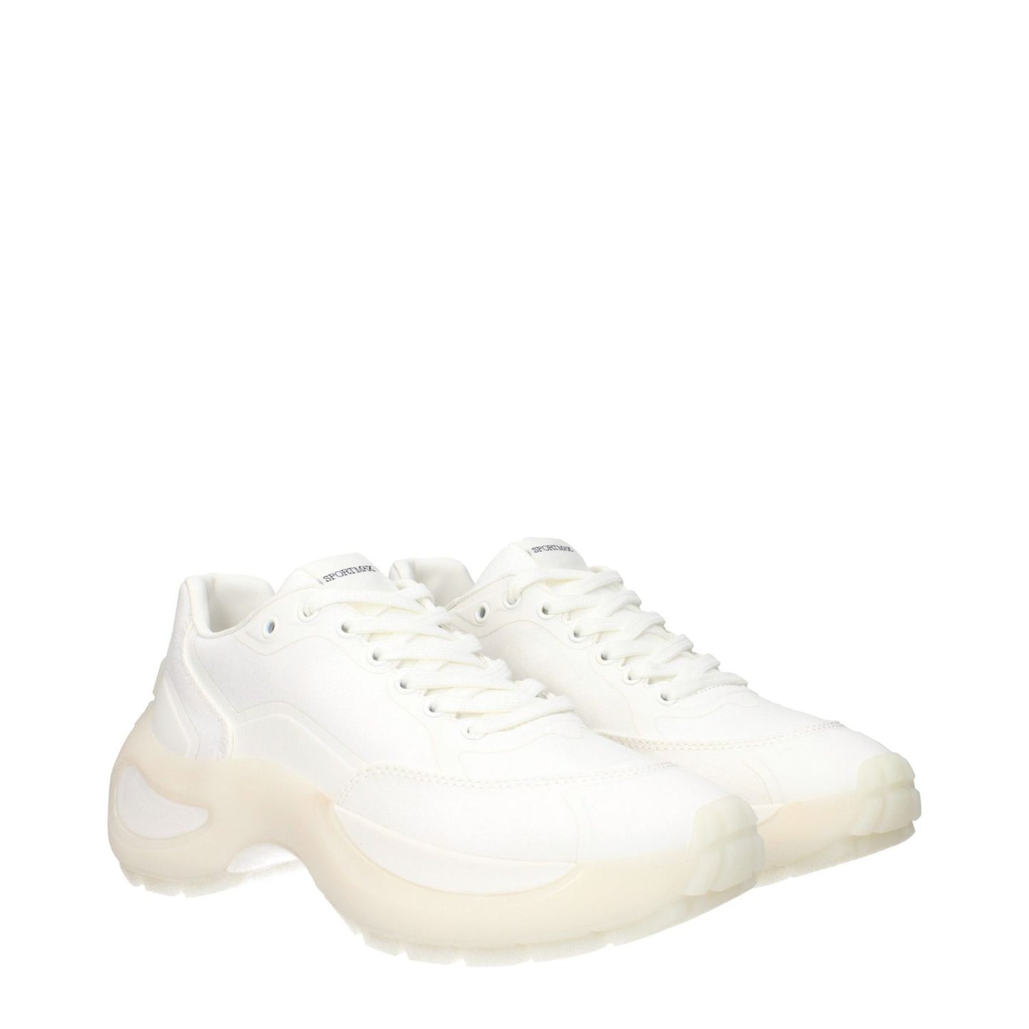 Max Mara White Fabric Chunky Sneakers with front and back logo detailing, luxurious and stylish design, perfect for casual wear.