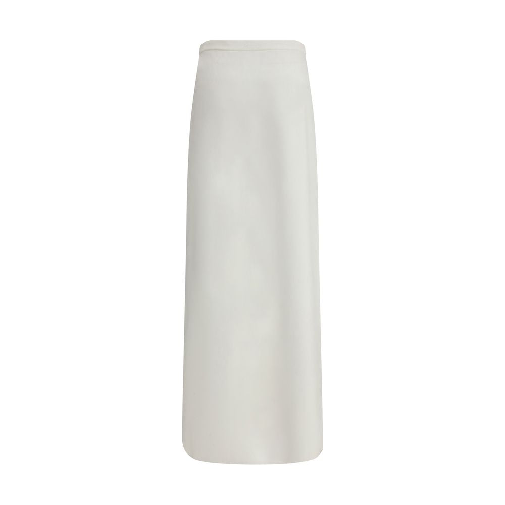 Max Mara White Viscose Long Skirt with feminine fit, wide waistband, and invisible zipper, featuring logo embroidery for AW25 season.