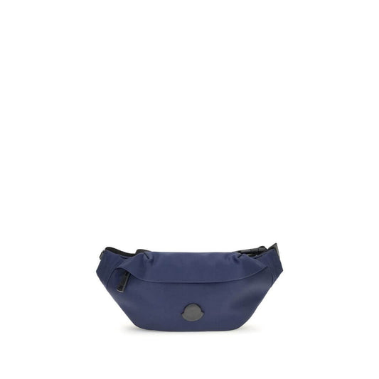 Moncler Blue Nylon Clutch Bag with water-repellent design, leather trim, adjustable belt, zippered closure, and metal logo.
