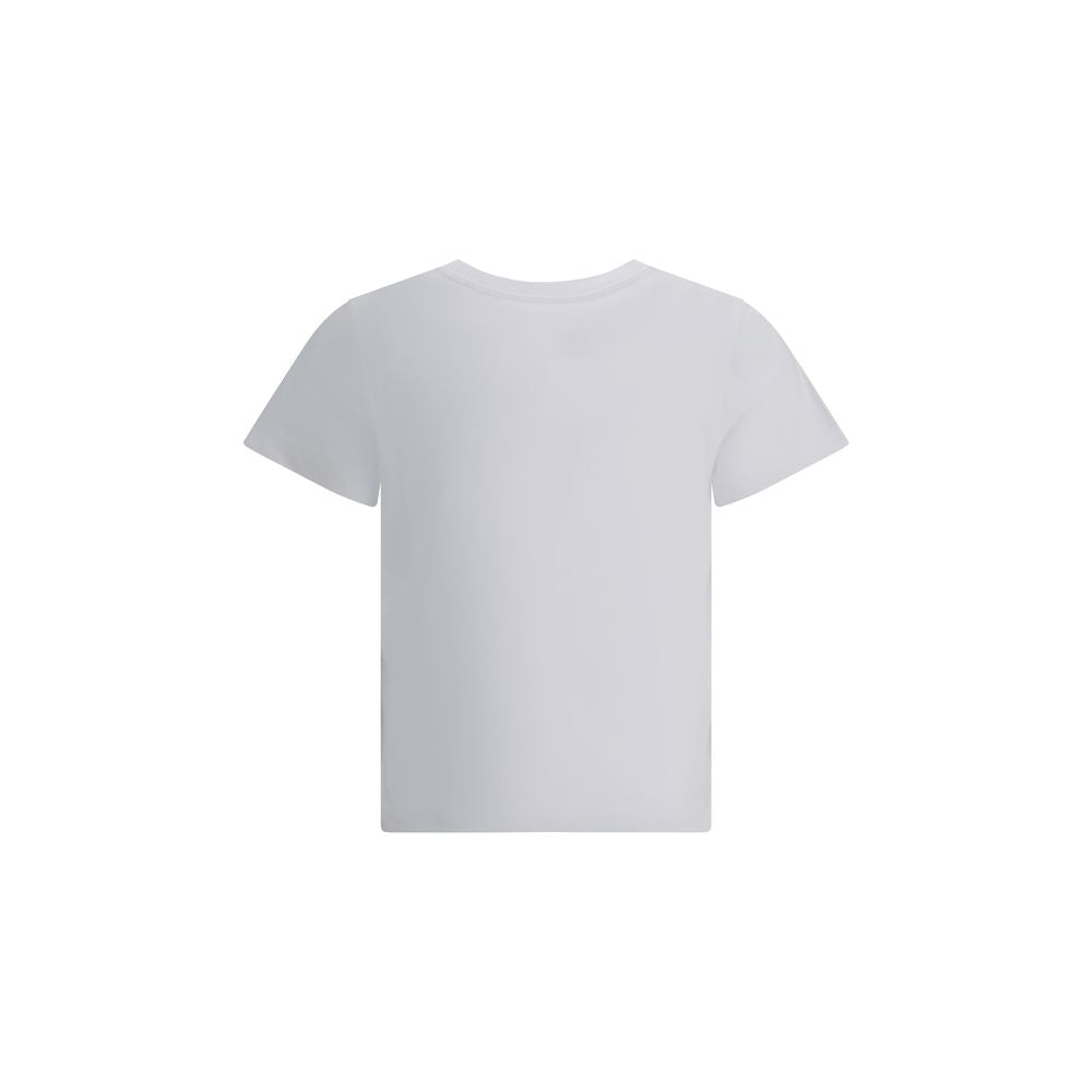Moncler White Cotton T-Shirt, back view featuring ribbed crew neck and embroidered logo, ideal for modern casual looks, made from 100% cotton.