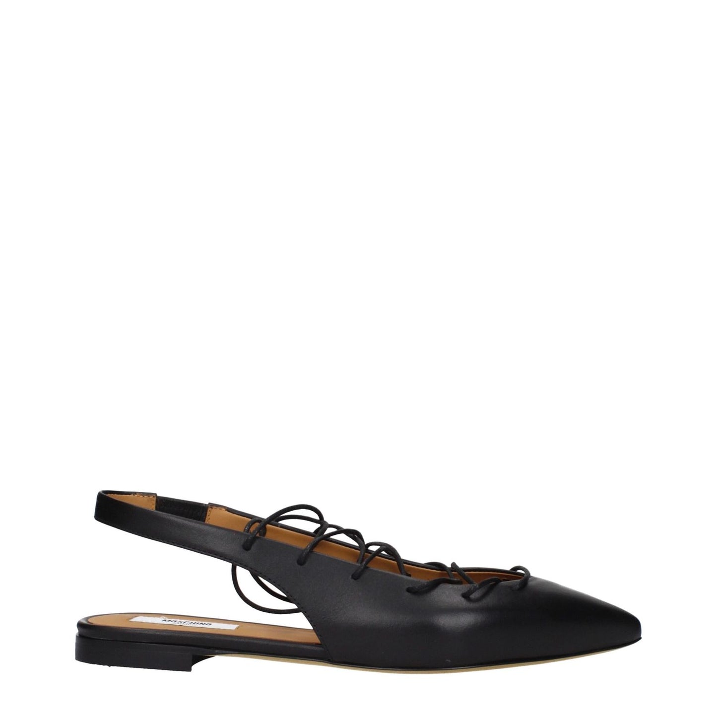 Moschino Black Leather Flats with unique strap design, featuring pointed toe and flat heel, made from premium black leather.