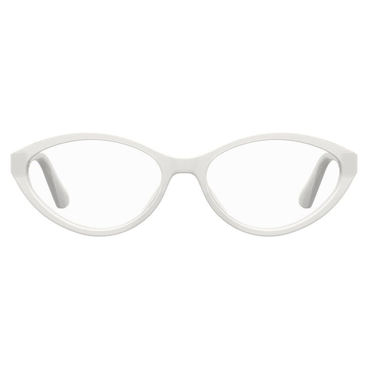 Front view of Moschino White Acetate Frames, style MOS597-VK6, with dimensions 55/16/140 mm, made from high-quality acetate.