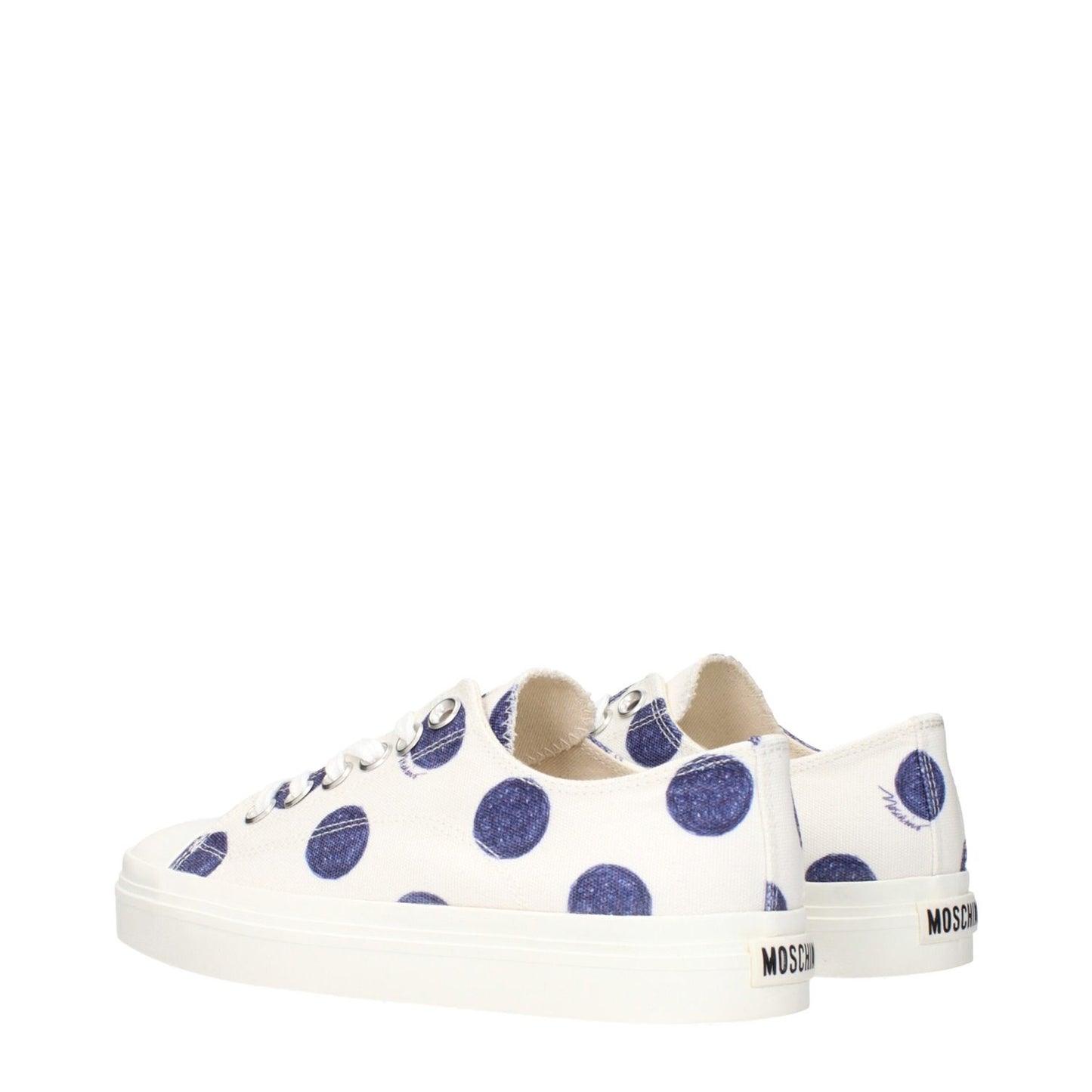 Moschino White Fabric Low Top Sneakers with blue polka dots and back logo design.