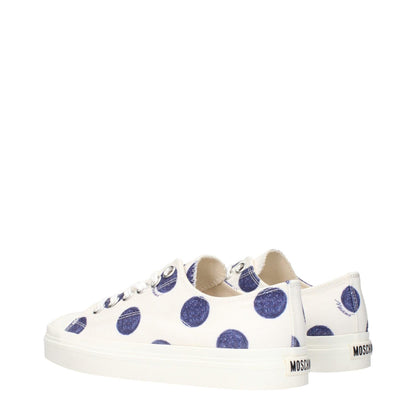 Moschino White Fabric Low Top Sneakers with blue polka dots and back logo design.