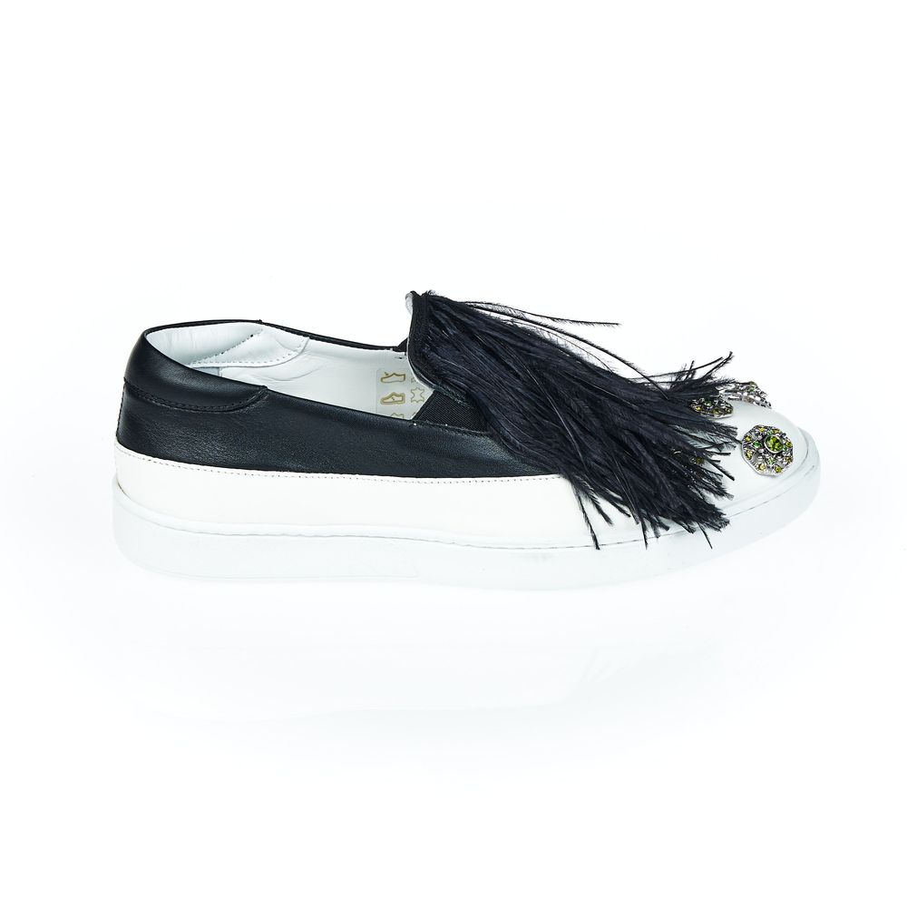 Mr&Mrs Italy Black Leather Women Slip-On Shoe with jewel and feather design