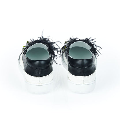 Back view of Mr&Mrs Italy Black Leather Women Slip-On Shoe with feather detail and jewel embellishments.