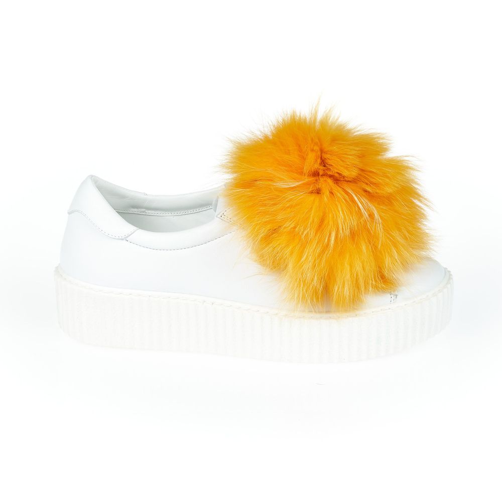 Mr&Mrs Italy White Textile Women Sneaker With Real Fur Pom Poms, featuring vibrant yellow pom poms and thick sole.