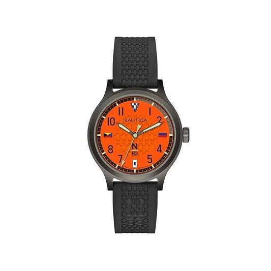 NAUTICA Mod. NAPCFS915 quartz gent's watch with orange dial and black bracelet, water resistant 5 ATM, in official box.