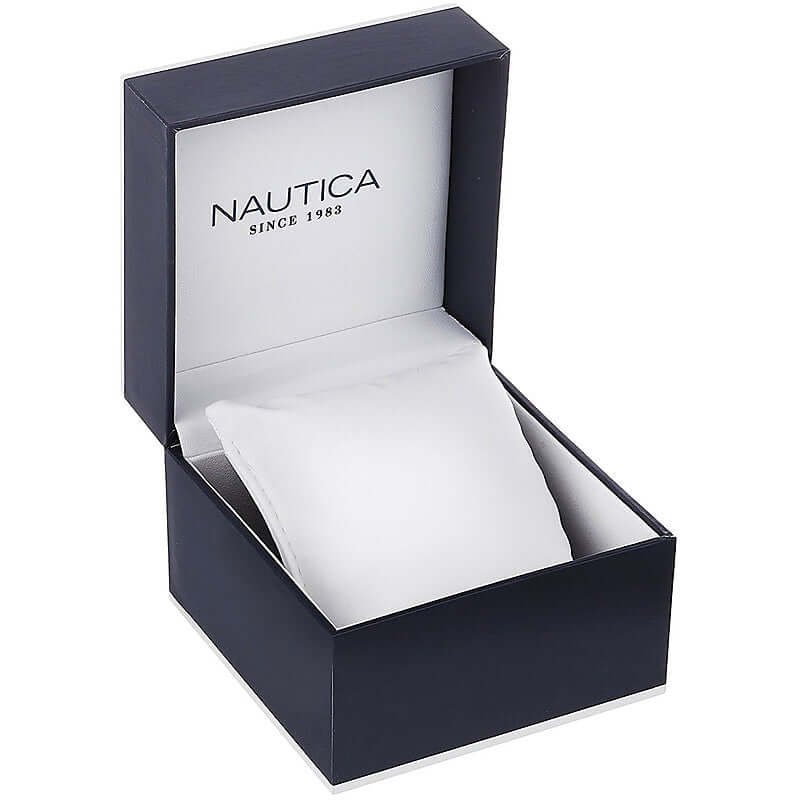 Official box for NAUTICA Mod. NAPFWF017 watch, crafted for gents with quartz movement, 44 mm case, featuring chronograph functions.