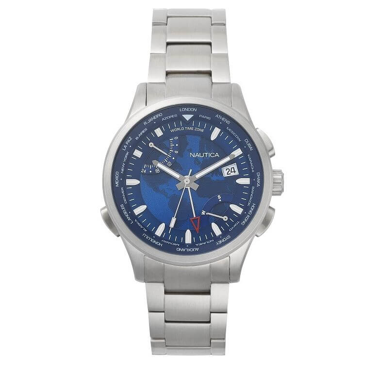 NAUTICA Mod. NAPSHG003 quartz analog gents watch, blue dial, 44mm case, water resistant 10 ATM, stainless steel bracelet, official box packaging.