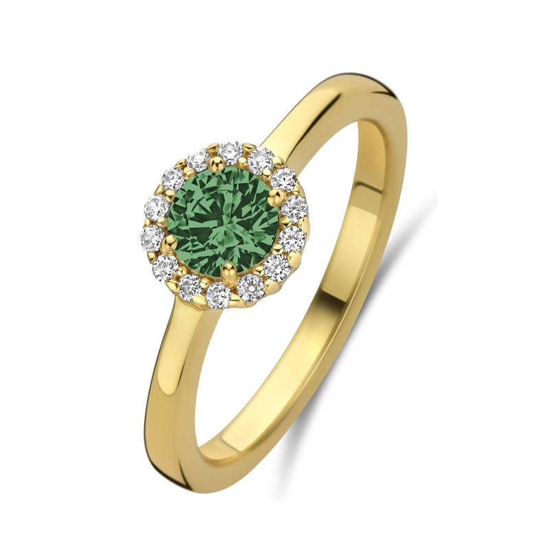 Gold ring with green gemstone, NEW BLING Mod. 9NB-1539-58, surrounded by small diamonds.