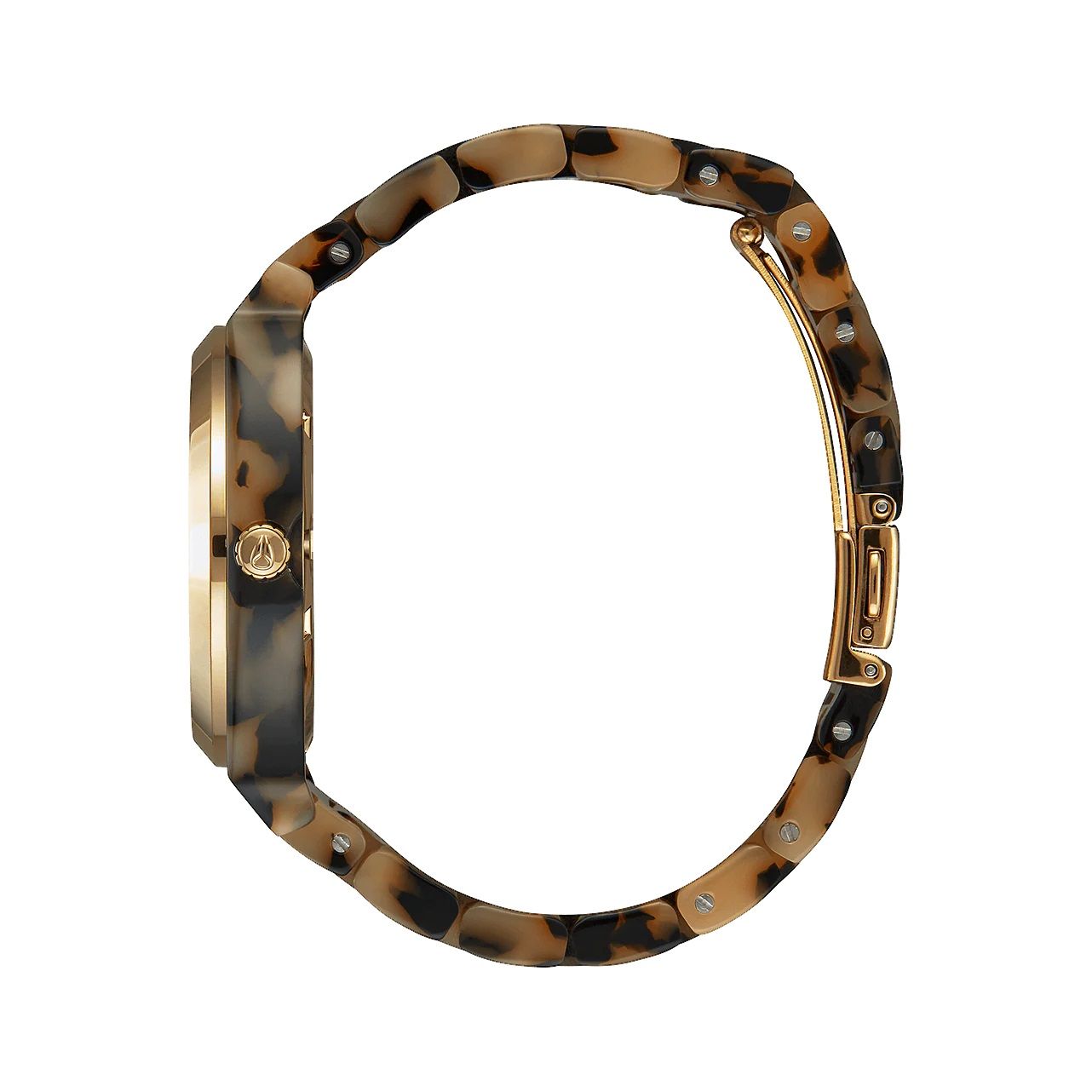 Side view of NIXON WATCHES Mod. A327-3346 showing acetate strap and gold-tone case, designed for ladies, quartz movement, water resistant.
