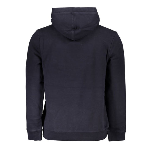 Napapijri Blue Cotton Sweater, hooded long sleeve fleece with half zip, chest pocket, embroidery, and logo with contrast details.