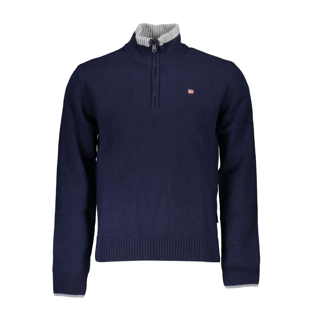 Napapijri Blue Fabric Sweater featuring long sleeve design, zip, and embroidered logo.