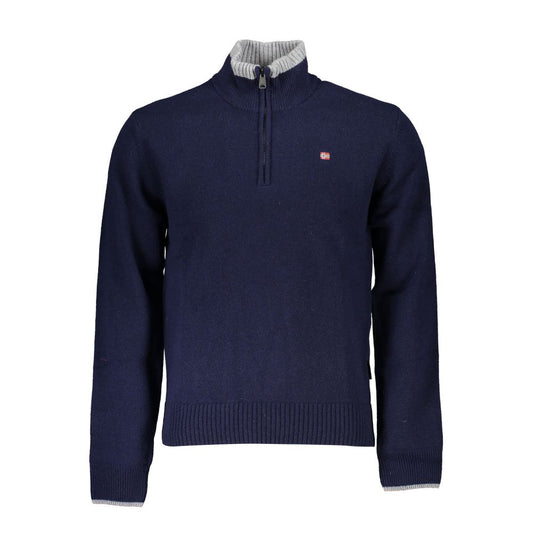 Napapijri Blue Fabric Sweater featuring long sleeve design, zip, and embroidered logo.
