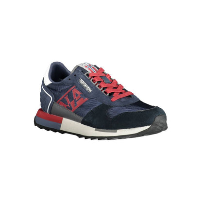 Napapijri Blue Leather Men Sneaker with red laces and logo, ideal for fashion-forward comfort and style.
