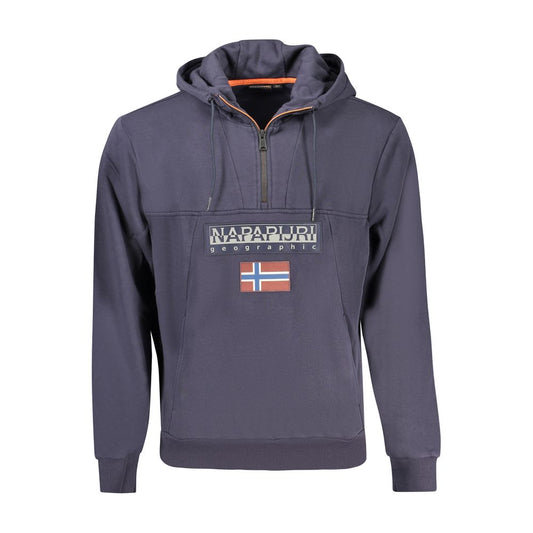 Napapijri Blue Organic Cotton Men Sweater with half-zip and branding appliqué