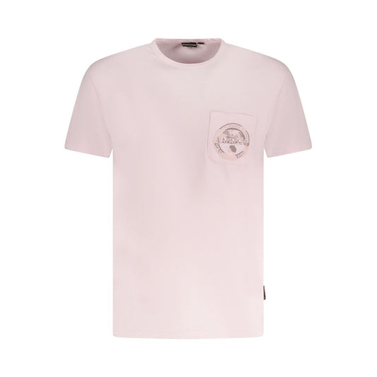 Napapijri Pink Cotton Men T-Shirt with logo, crew neck, and pocket detail, short sleeve design for casual wear.