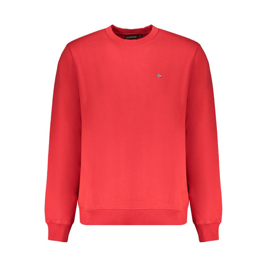 Napapijri Red Organic Cotton Men Sweater with crew neck and long sleeves, featuring iconic logo embroidery for a stylish look.