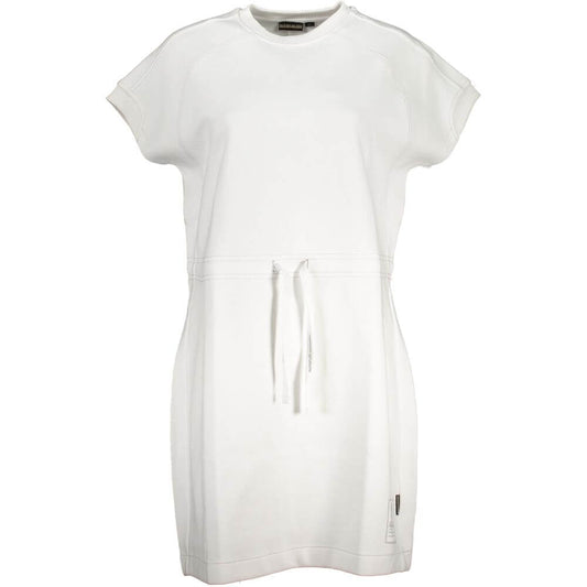 Napapijri White Cotton Dress with short sleeves, crew neck, and logo application