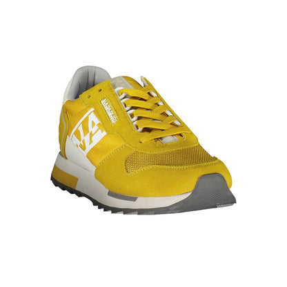 Napapijri Yellow Leather Men Sneaker with bold design and logo, featuring contrasting accents and second set of laces for customized style.