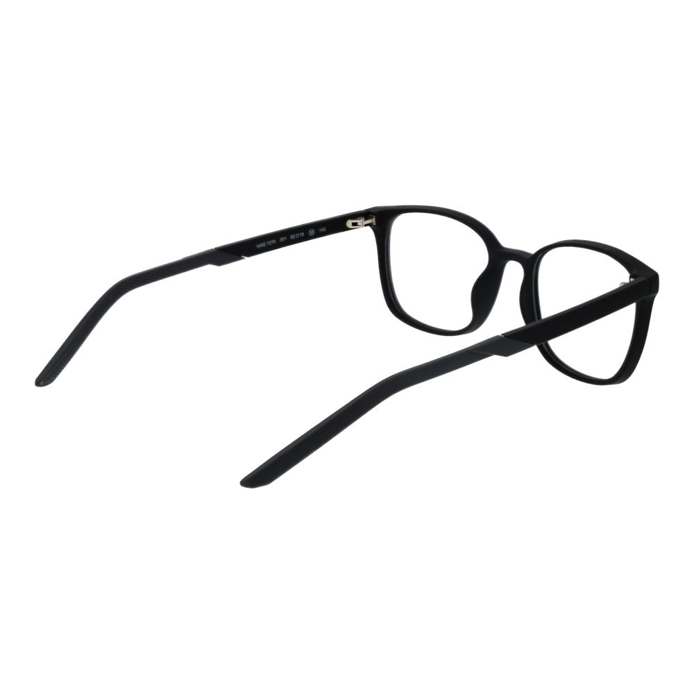 Nike Black Unisex Glasses Frame in stainless steel, full-rim style; demo lenses, size 52-18-145; square design with 145mm temples.