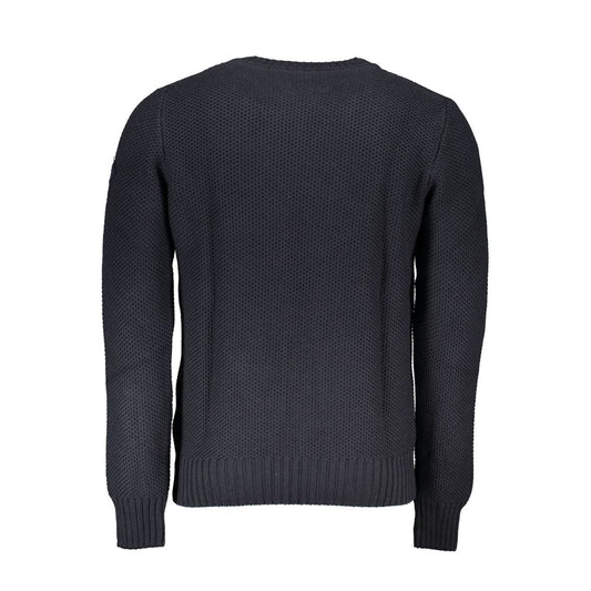 Back view of North Sails Blue Cotton Sweater with long sleeves and crew neck, featuring logo application and recycled fibers.