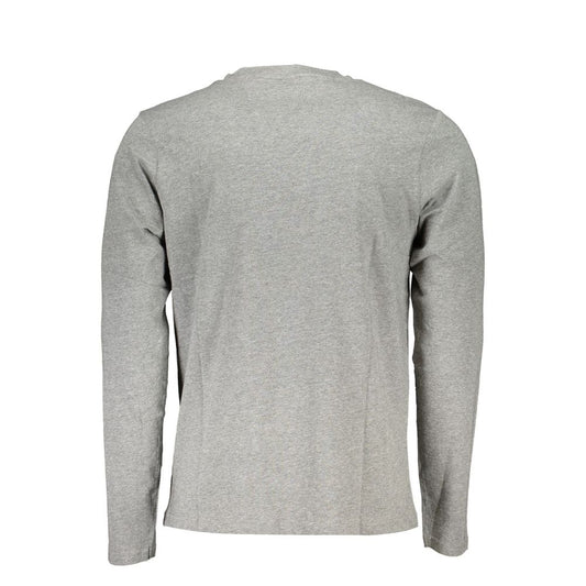 Back view of a plain grey men's T-shirt on white background