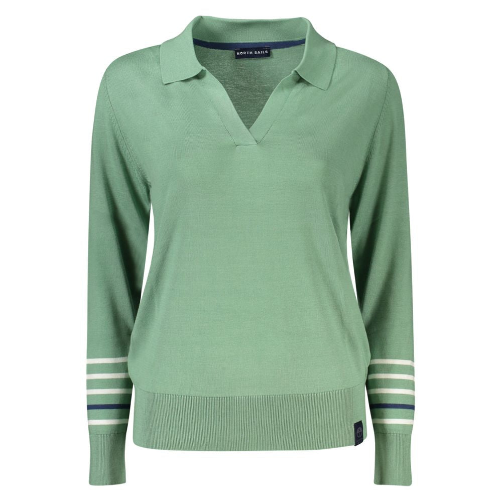 North Sails Green Cotton Women Sweater with long sleeves and V-neck, showcasing casual sophistication and contrasting details.