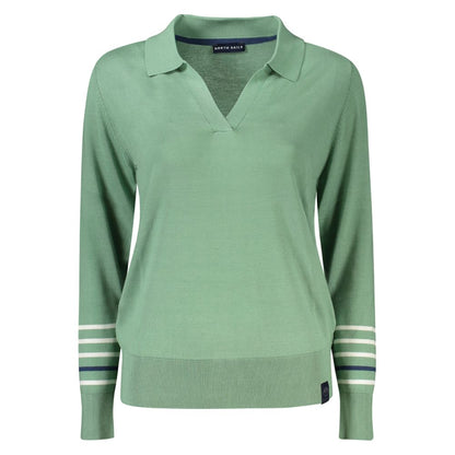 North Sails Green Cotton Women Sweater with long sleeves and V-neck, showcasing casual sophistication and contrasting details.