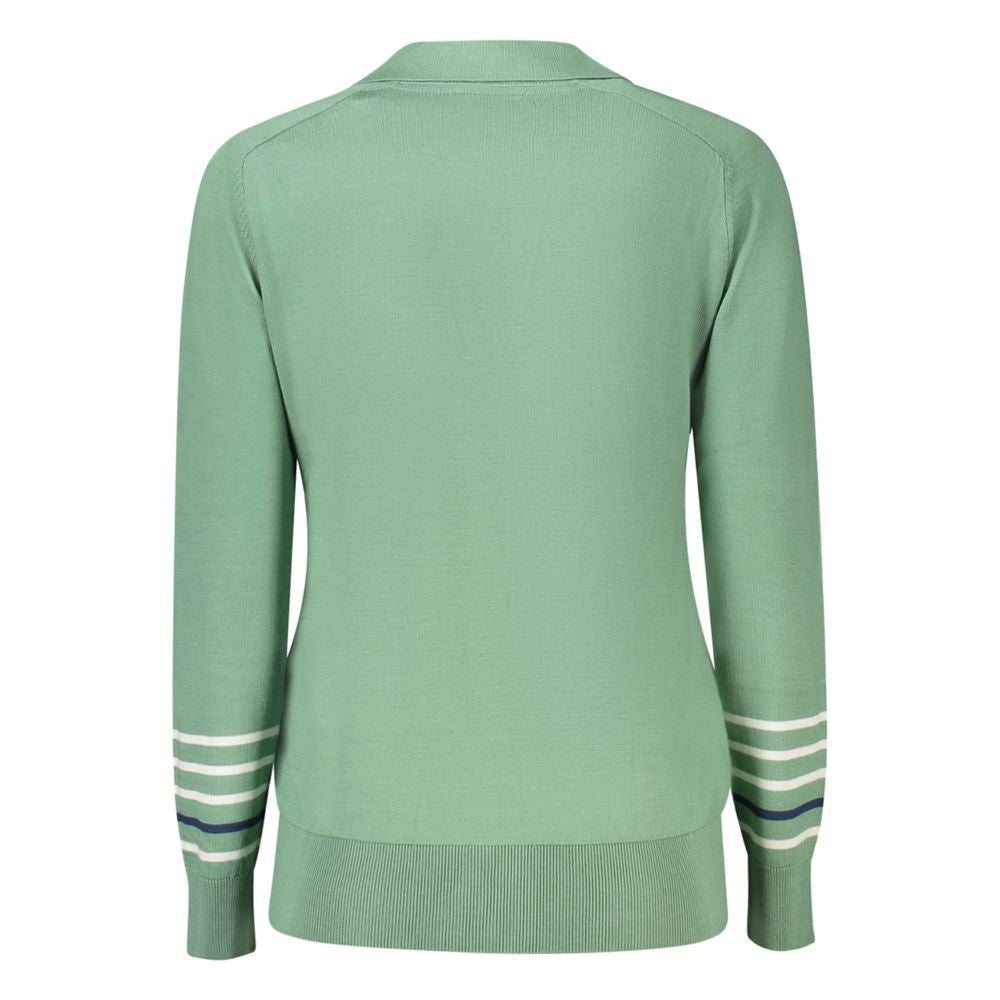 Back view of North Sails Green Cotton Women Sweater with striped sleeves.