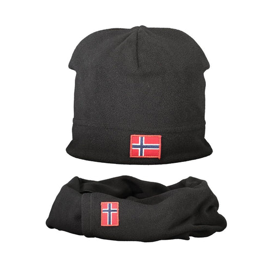 Norway 1963 Black Polyester Men Cap with fleece scarf, featuring brand applique and logo, stylish and warm for cold weather.