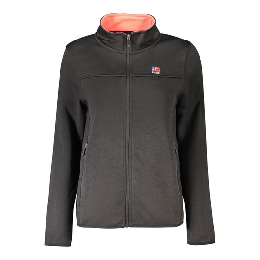 Norway 1963 Black Polyester Women Sweater with zip front and logo, showcasing casual luxury and modern style.