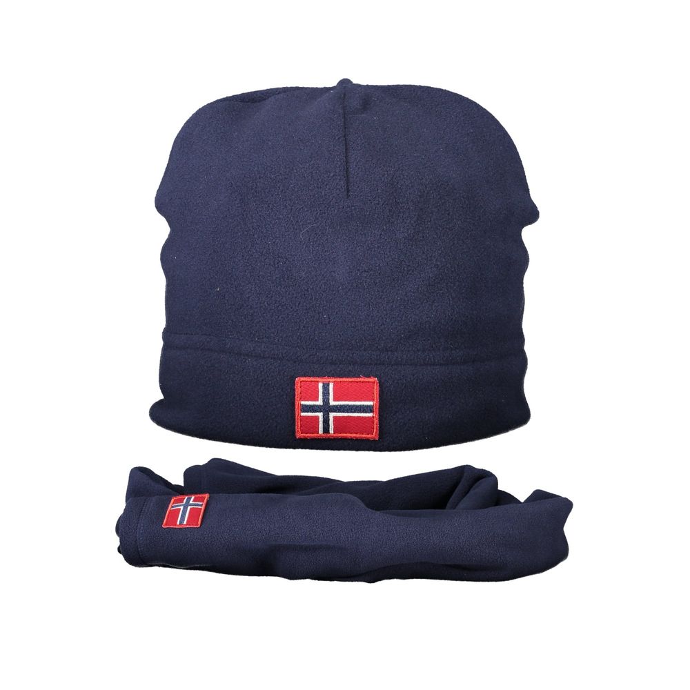 Norway 1963 Blue Polyester Men Cap Set with fleece scarf, featuring brand logo and applique, perfect winter fashion accessory.
