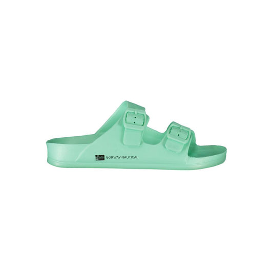 Norway 1963 Green Plastic Women Sandal with dual-buckle design and brand logo, offering avant-garde style and casual comfort.