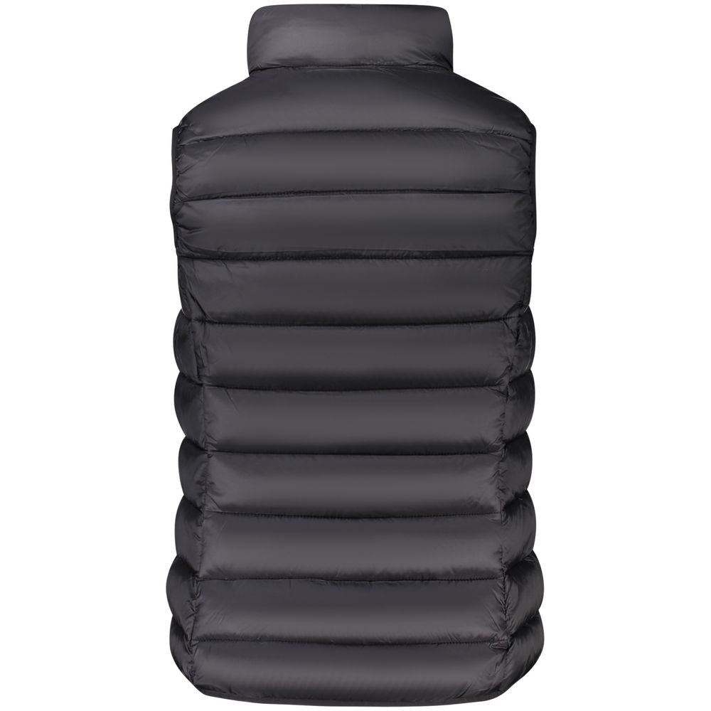 Black puffer vest with high collar and horizontal quilting, designed for warmth and style.