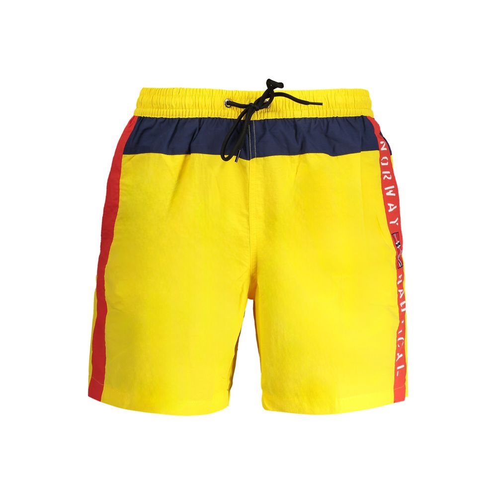 Norway 1963 Yellow Polyester Swimwear with elastic waist, contrast details, 2 pockets, 1 back pocket, and printed logo.