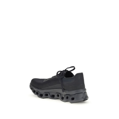 ON Black Polyester Athletic Sneakers with technical design and raised sole for support and cushioning, showcasing side profile.