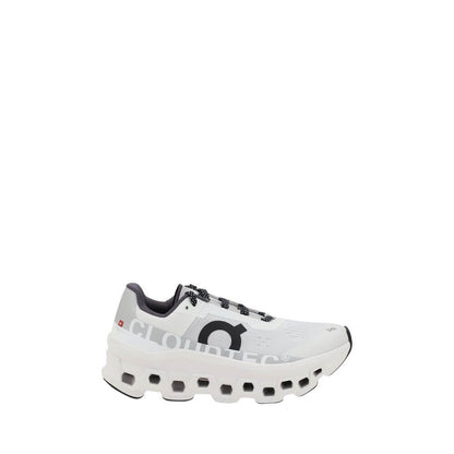 ON White Polyester Athletic Sneakers with lace-up closure and raised sole, highlighting brand logo for dynamic and modern style.