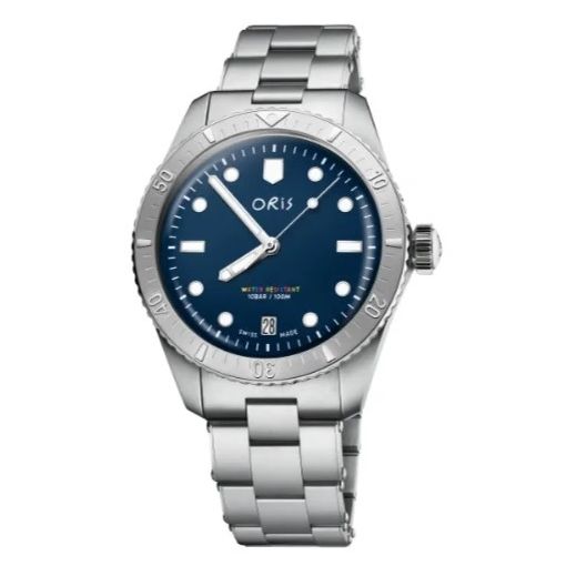 Alt Tag: ORIS MOD. 73377714085SET luxury men's watch with blue dial and silver stainless steel bracelet, elegant timepiece design.