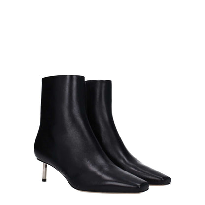 Off-White Black Leather Ankle Boots with mid heels and square toe, featuring zip closure, crafted from premium leather.