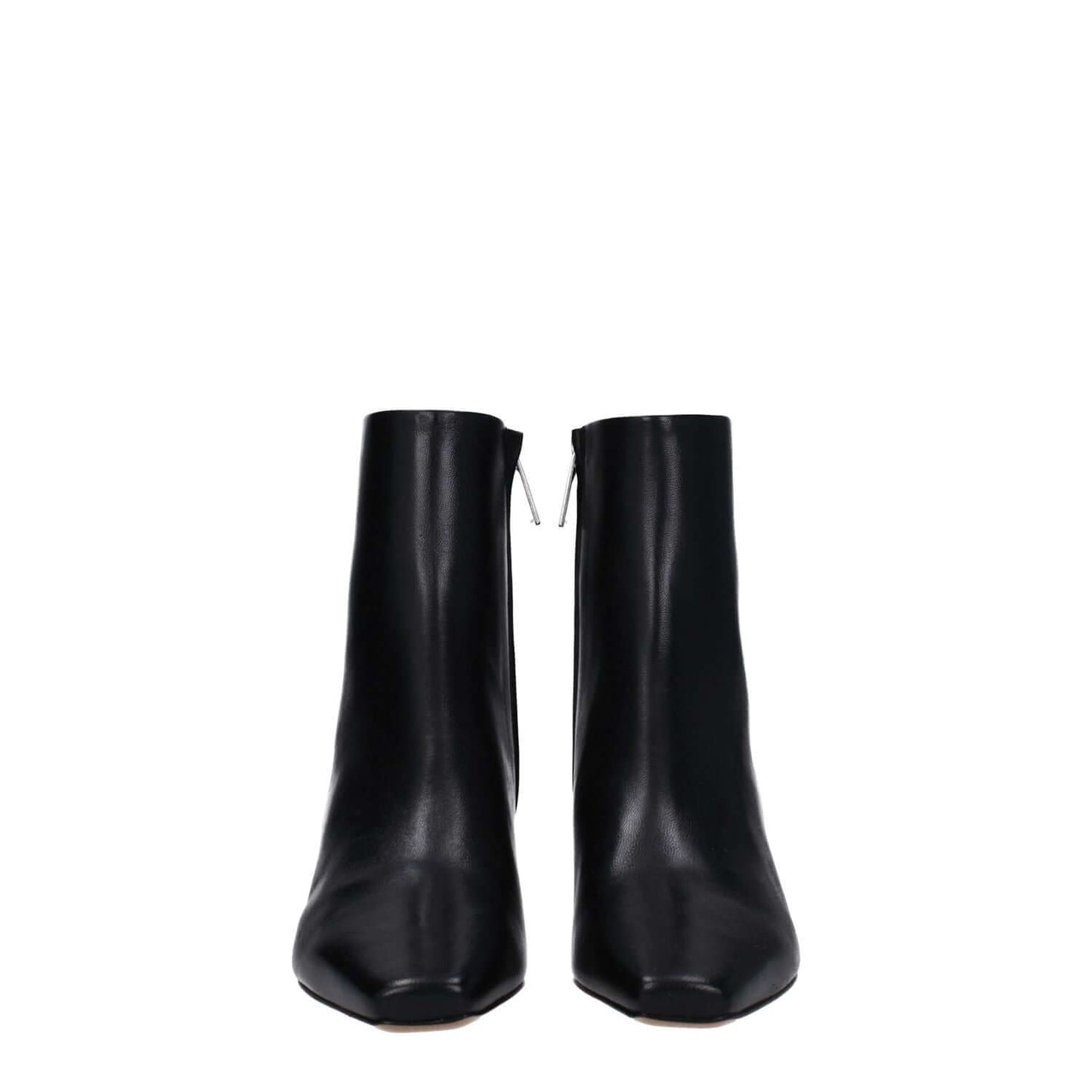 Off-White Black Leather Ankle Boots with square toe, zip closure, and mid heels, made from leather; front view of stylish casual design.